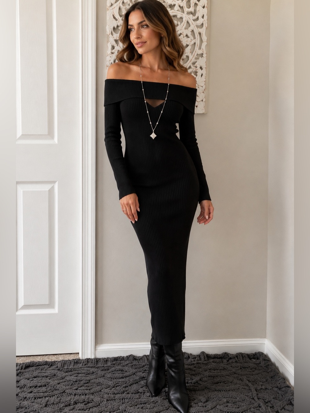 ASTR the Label Black Off Shoulder Ribbed Sweater Knit Midi Bodycon Dress M